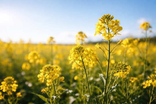 Close up of yellow Sinapis arvensis flowers growing in natural field with clear sky and copy space