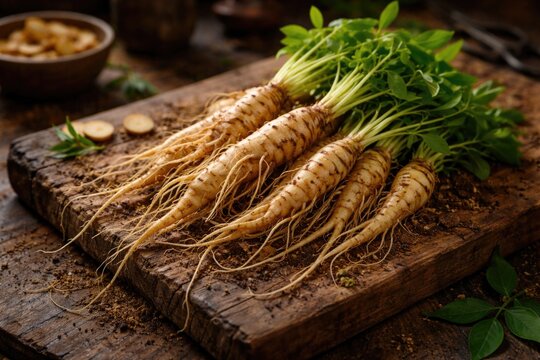 Raw ginseng sprouts set on a vintage style wooden cutting surface