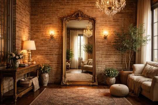 Warm brick walled room highlighting an elegant full size mirror focal