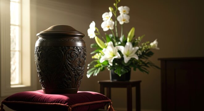 Urn for ashes with wooden ornate finishing and blurred bouquet of white lilies and orchids in funeral home room with dim lighting. Cremation services, memories and respect for beloved member of family