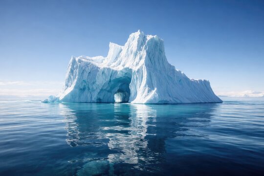 Spectacular iceberg drifting in placid ocean waters beneath a clear sky with copy space