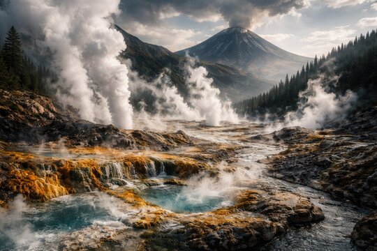 Volcanic geothermal reserve showcasing steam and mineral deposits