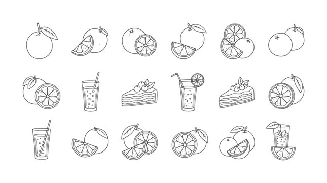 Hand drawn orange fruits and juice drinks with cake slices