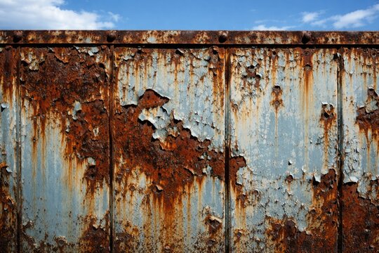 Weathered metal wall displaying rust and chipped paint with clear blue sky