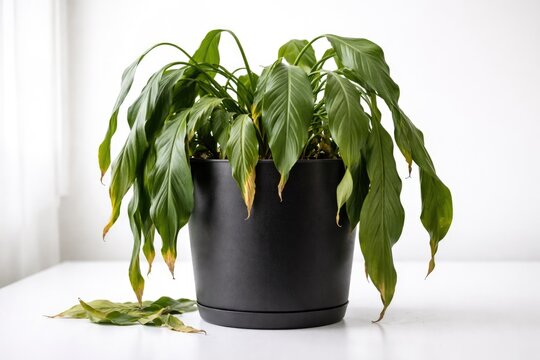Drooping houseplant in black planter displayed on clean white background emphasizing plant care issues
