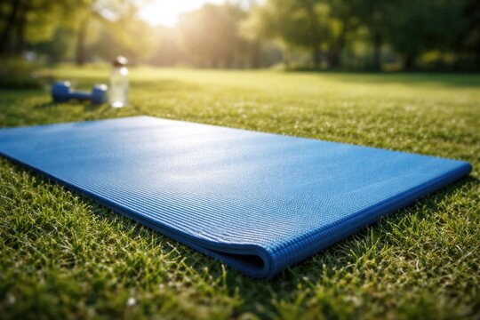Zoomed in blue fitness mat for outdoor training and exercise with copy space