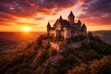 Obraz premium Sunset light casting vibrant colors over a medieval castle perched on a hill