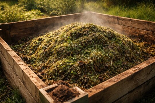 Sustainable green grass manure pile decaying naturally in wooden box for eco fertilizer