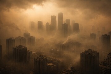 Obraz premium Pollution crisis with buildings enveloped by dangerous smog layers