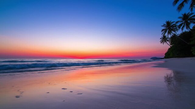 4K cinematic shot tropical beach at sunset with blue red gradient sky and calm ocean waves wash over white sand.