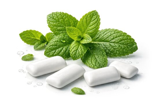 White background featuring mint leaves alongside double chewing gum pieces