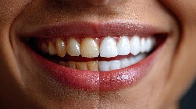 Extreme close-up showing dramatic before-and-after teeth whitening effect, highlighting dental transformation and improved oral aesthetics.