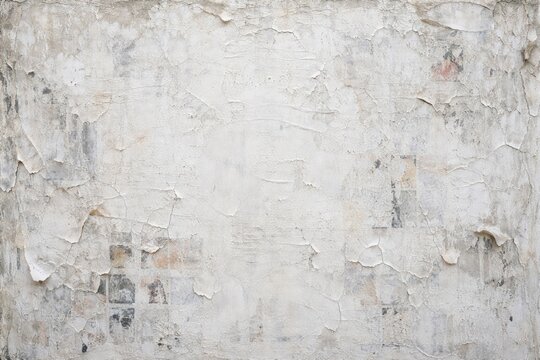 Faded white surface background showing complex layers of paint and wheatpaste poster wear