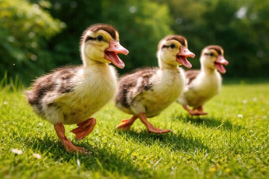 Energetic Muscovy duck siblings enthusiastically moving across a bright green grass lawn on a sunny summer day
