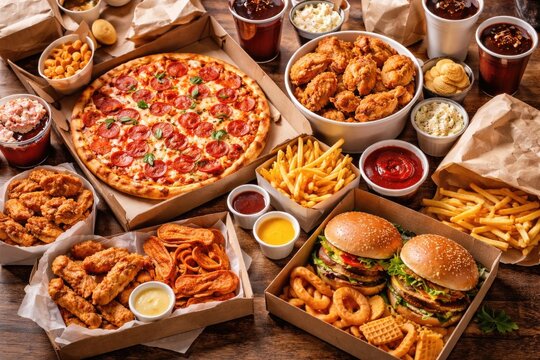 Aerial view displaying a selection of fast food takeout items including pizza fried chicken hamburgers and complementary sides with background