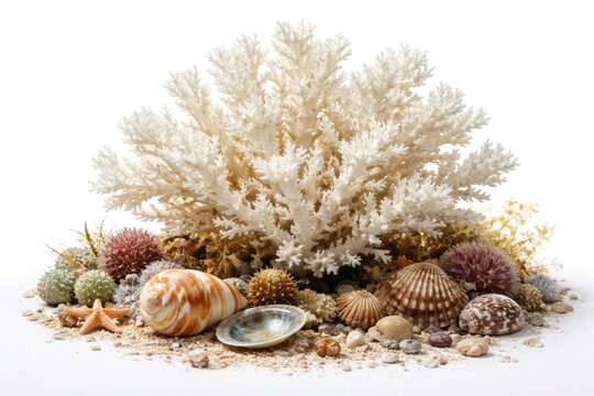 White background displaying graceful white branches of Sango coral with surrounding mollusks and marine ecology