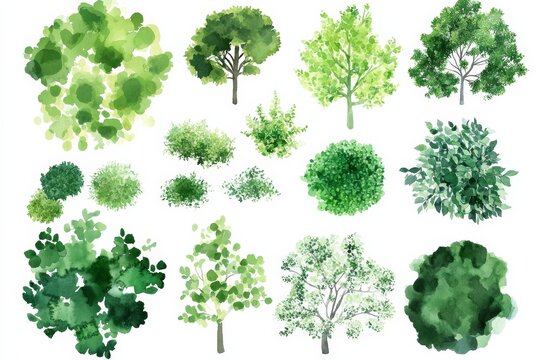 Different green trees and bushes are shown in a watercolor style