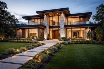 Obraz premium Striking architecture of a recently finished opulent dwelling with a meticulously maintained green lawn and a carefully crafted walkway
