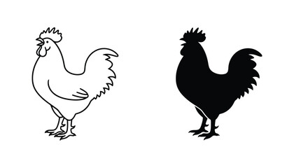 Crowing rooster icon set featuring farm bird designs in both outline and solid black silhouette styles © Padma