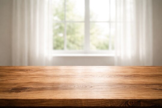 Wooden table surface and bright window as a minimal background for text