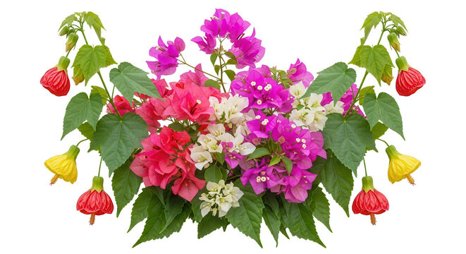 Set of Abutilon megapotamicum and Bougainvillea glabra blossoming frontal isolated png on a transparent background perfectly cutout