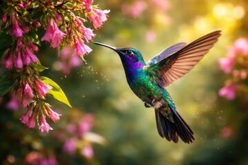 Obraz premium Sparkling violetear hummingbird hovering near blossoms