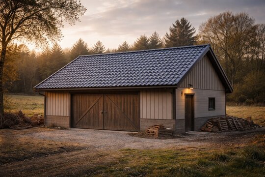 Steel tile roofed rural outbuilding captured in solitary setting for construction visuals