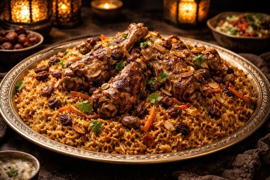 Hearty kabsa dish featuring seasoned rice and tender meat for Ramadan