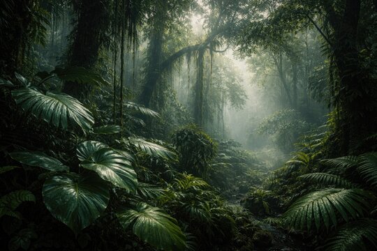 Misty rainforest mood with dense tropical leaf canopy in deep forest green