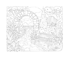 Fototapeta premium Stone archway leads to garden bench and wooden gate with lush foliage
