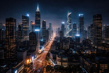 Fototapeta premium Street view showing a glowing modern metropolis at night with illuminated towers