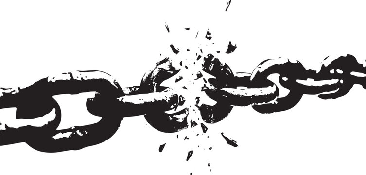 Broken chain link with shattered metal on white background symbolizing freedom and release