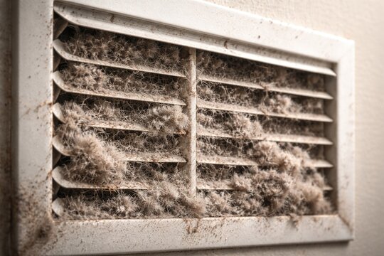 Zoomed image of an HVAC air vent blocked by dust buildup on the filter requiring urgent sanitation and cleaning procedures