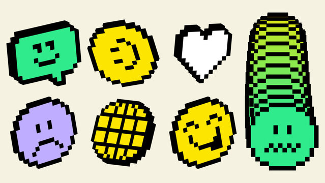 Pixel emoji icon set in retro 8-bit style with stacked repetition effect and expressive faces. Dynamic UI elements for apps, reactions, loading states, interactive digital interfaces