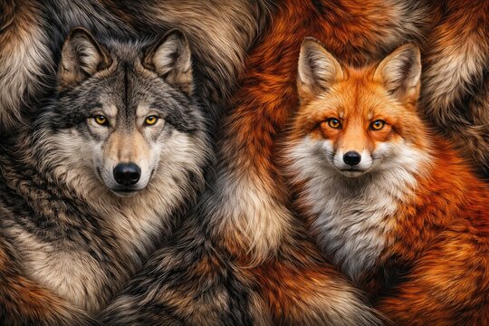 Decorative wildlife fur wallpaper showcasing grey wolf alongside fox texture