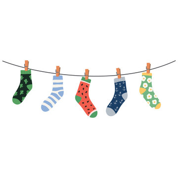 Socks on rope. Cotton or wool sock dry and hang on laundry string with clothespins. Children socks with textures and patterns vector cartoon.