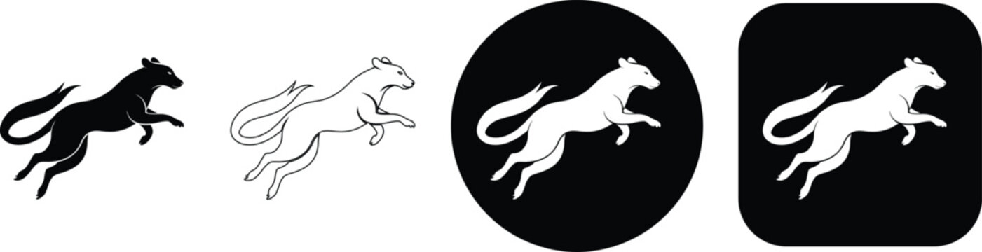 Leaping fox silhouette and outline set on white and black backgrounds animal