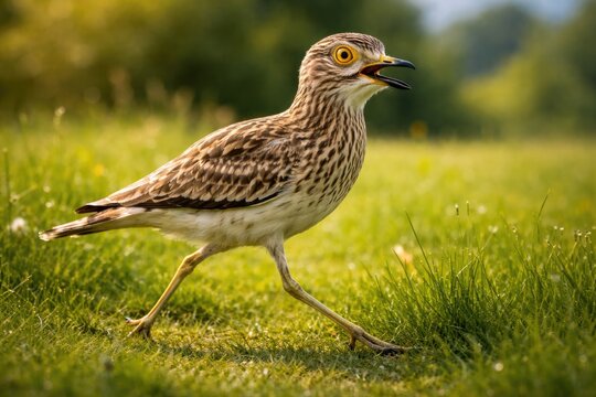 Cheerful stone curlew pet striding across fresh green grass meadow