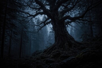 Naklejka premium creepy tree looming over dense woods during nightfall