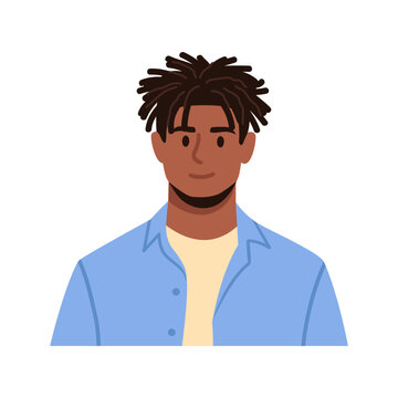 Vector illustration of a smiling dark-skinned, bearded guy with dreadlocks. Cartoon scene of handsome guy in white t-shirt, blue button-down shirt, dreadlocks hairstyle isolated on white background.
