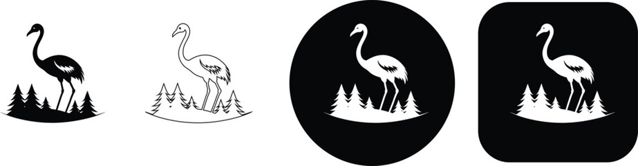Obraz premium Silhouette crane bird standing amidst pine trees in various styles outline black and white