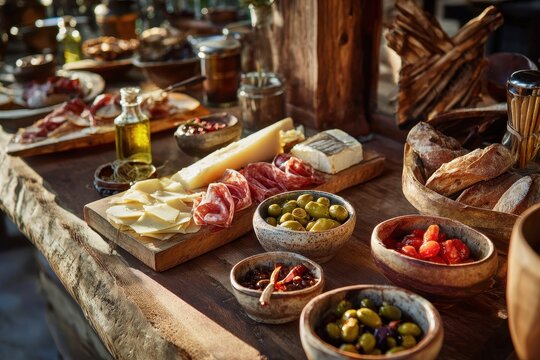 Grazing platter of antipasti: olives, cheese, peppers, artichokes and crostini for a festive buffet