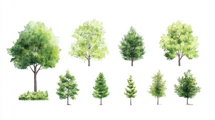 Fototapeta premium Different types of trees in green colors displayed on a white background showing varying sizes and shapes