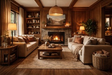 Obraz premium Warm and inviting living room with wooden wall accents and flooring