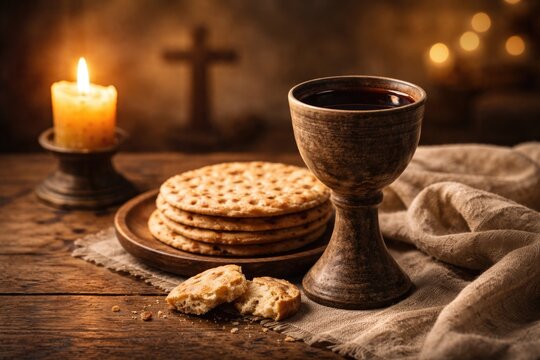 Spiritual Christian rite of wine and unleavened bread arranged with copy space