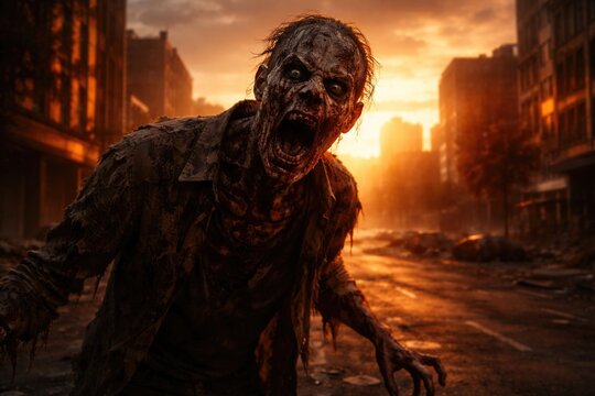 Scary apocalypse zombie in vacant city environment lit by sunset with room for text