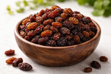 Obraz premium Dried grape raisins presented in an artisan wooden bowl with white background