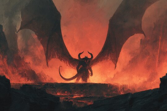 Epic horned demon figure with outstretched wings in a molten realm