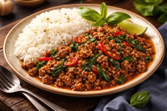 Authentic Thai stir fried pork with aromatic basil paired with jasmine rice