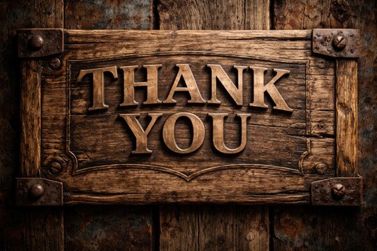 Weathered timber panel showcasing embossed thank you words with rustic wood and metal backdrop